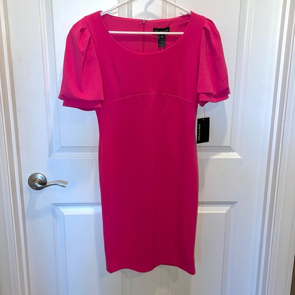 hot pink puff sleeve midi dress - Picture 2 of 8